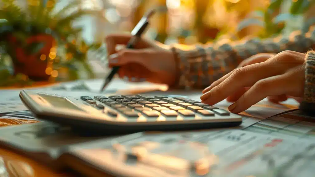 Budget di Marketing giovane che sta digitando la calcolatrice