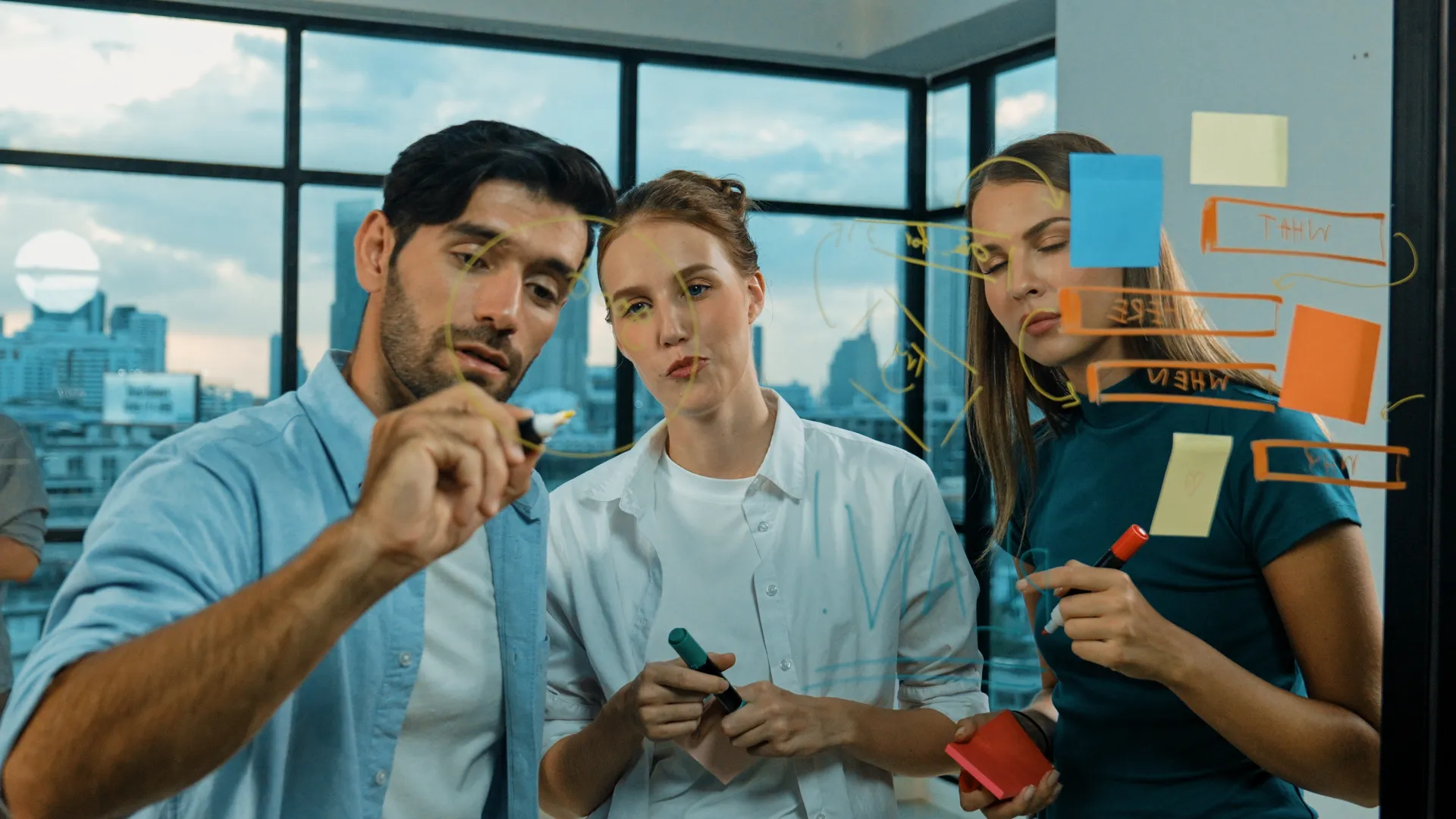 Le Tecniche di Persuasione - Imparare a Convincere 8 Strategie di Marketing etico - Manipolazione e la Persuasione nel Branding - team di lavoro davanti a una lavagna trasparente