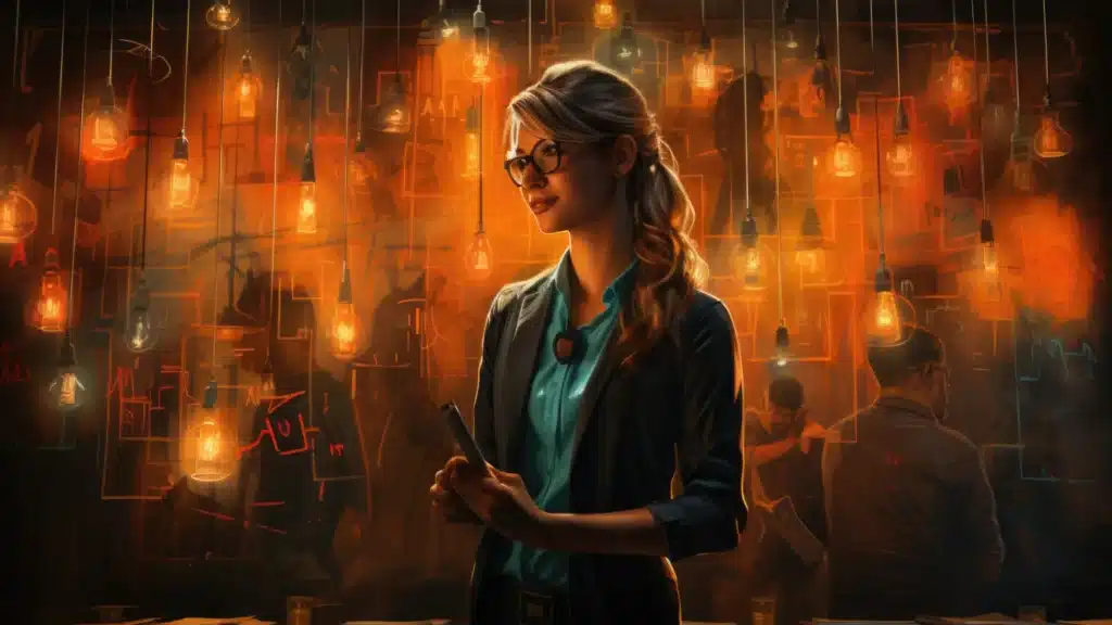 L'Essenza dell'Ispirazione e del Successo ragazza in mezzo a tante lampadine accese